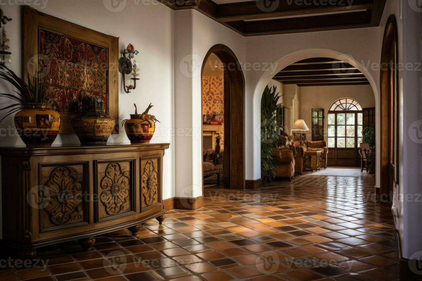 Colorful patterned tiles. Tile work of a classic style home. Generative AI photo