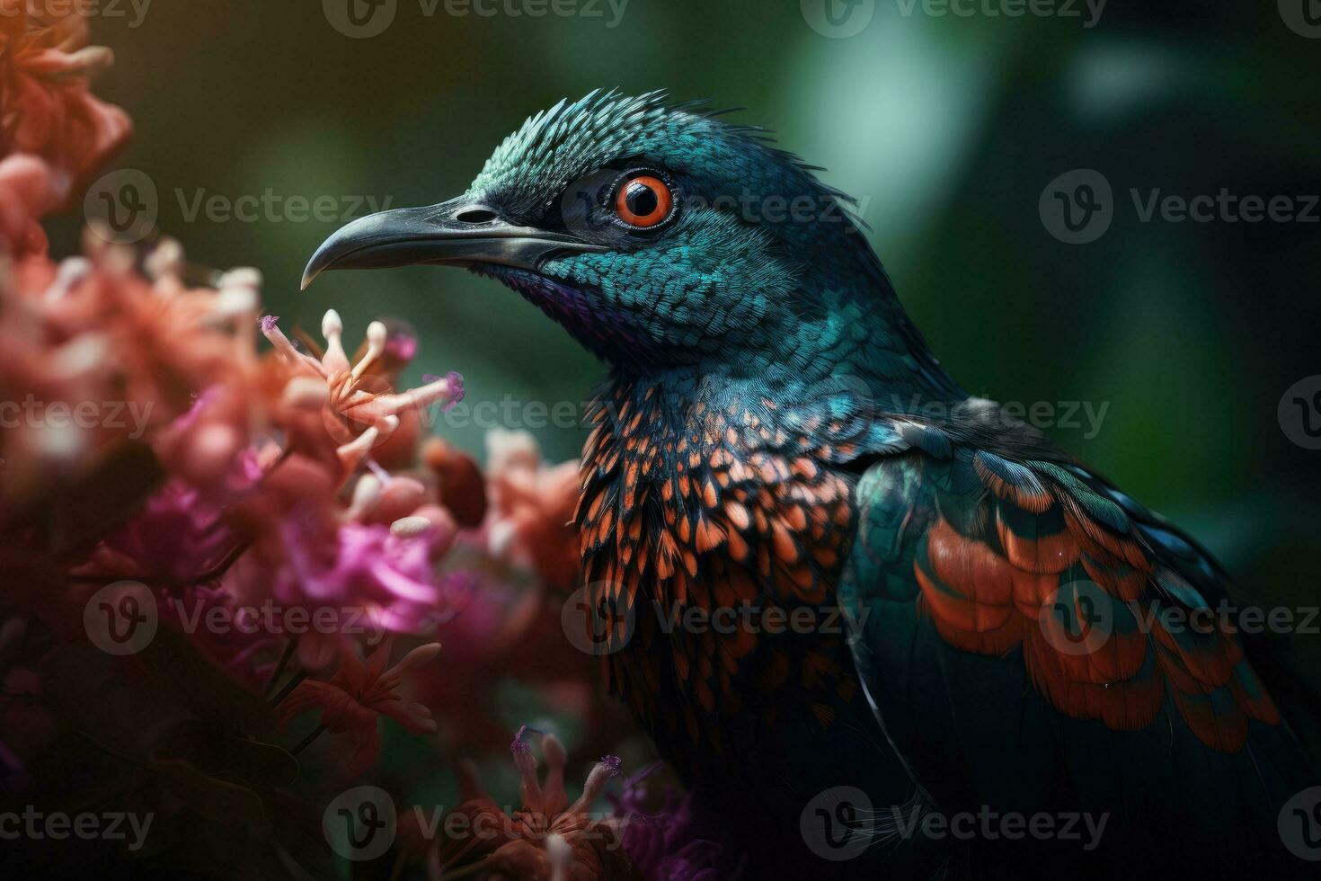 Colored tropical bird and beautiful surreal flowers. Generative AI photo