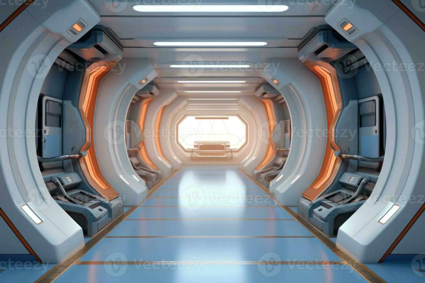 A hallway in a futuristic spaceship. Corridor inside space station. Generative AI photo