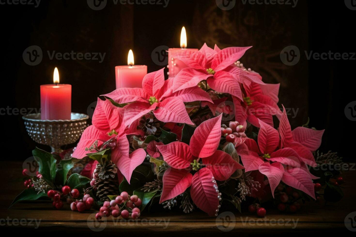 un festivo fiesta arreglo presentando rosado flor de pascua y velas generativo ai foto