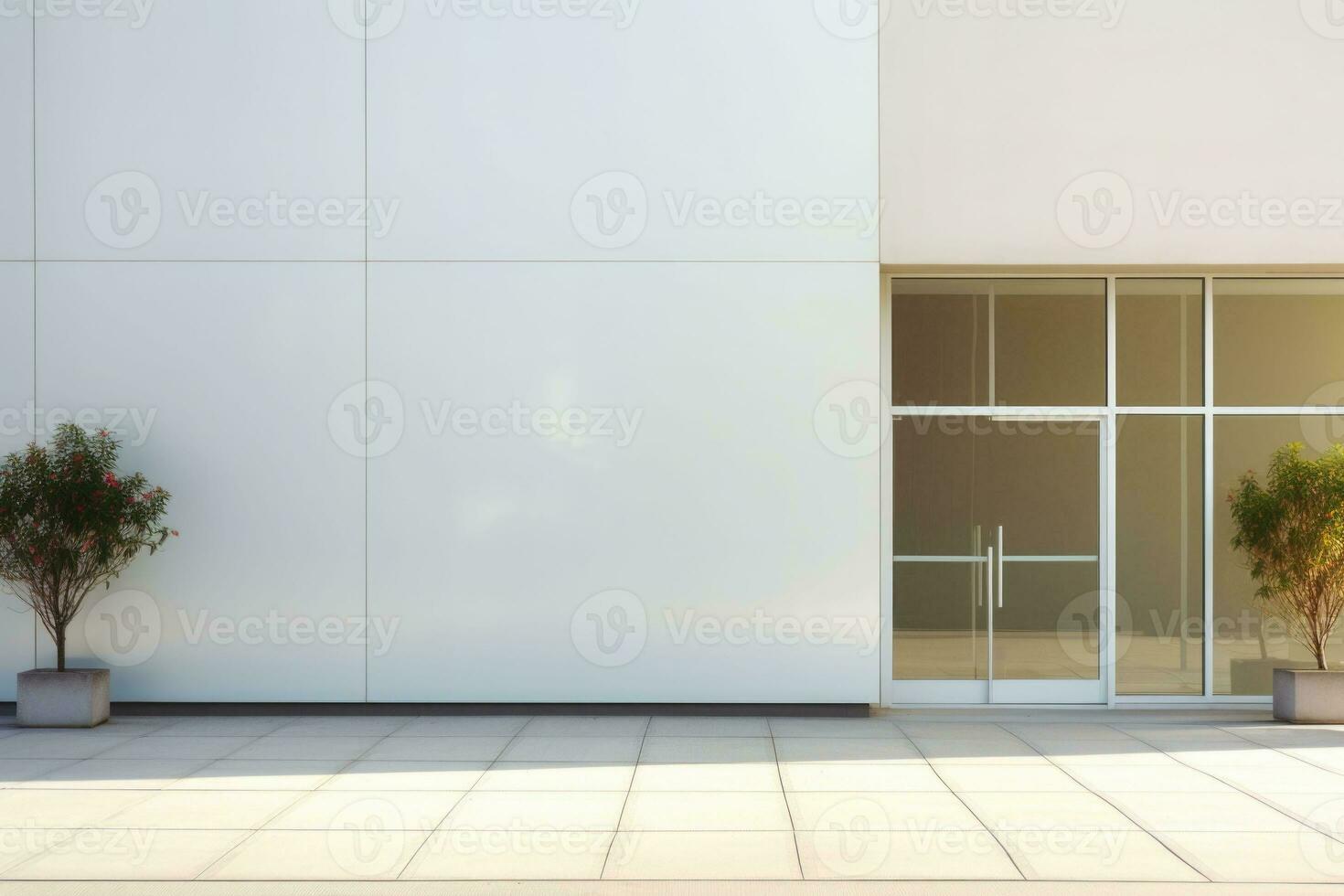 Modern minimalist home exterior. Windows and doors in white and brown colors. AI generated photo