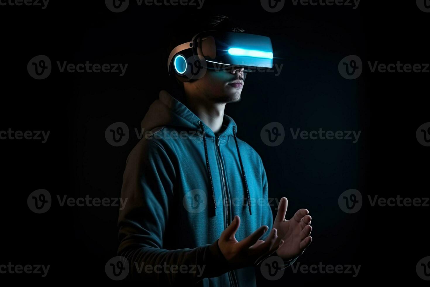 Man using virtual reality headset. VR gadgets, , education online or game concept. Generative AI photo