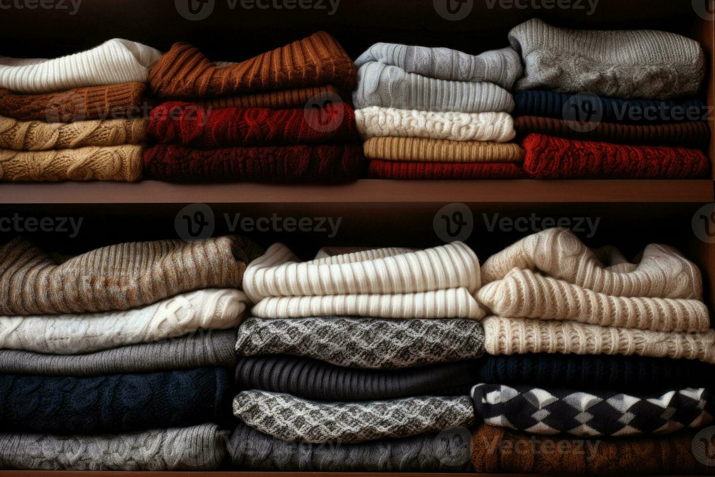 A few sweaters lined up neatly on a wooden rack. Generative AI photo