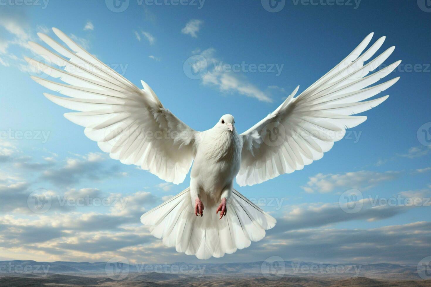 Isolated on white, a white dove glides gracefully with outstretched wings AI Generated photo