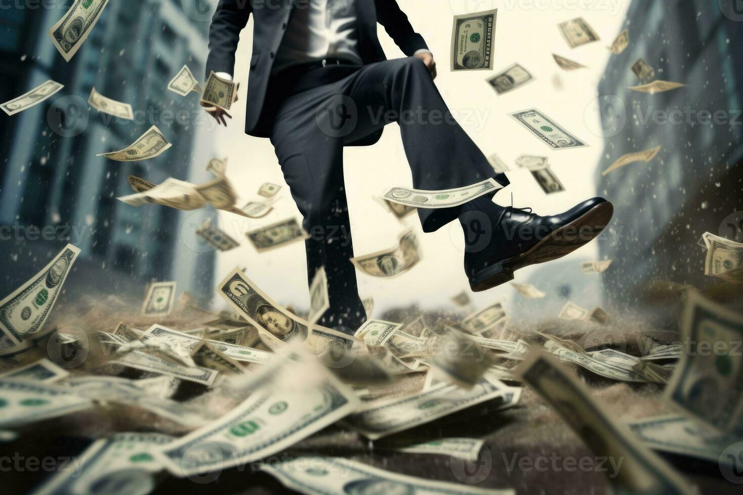 Businessman stepping on money. Financial increase goal, wealth management and investment plan to achieve target. Generative AI photo