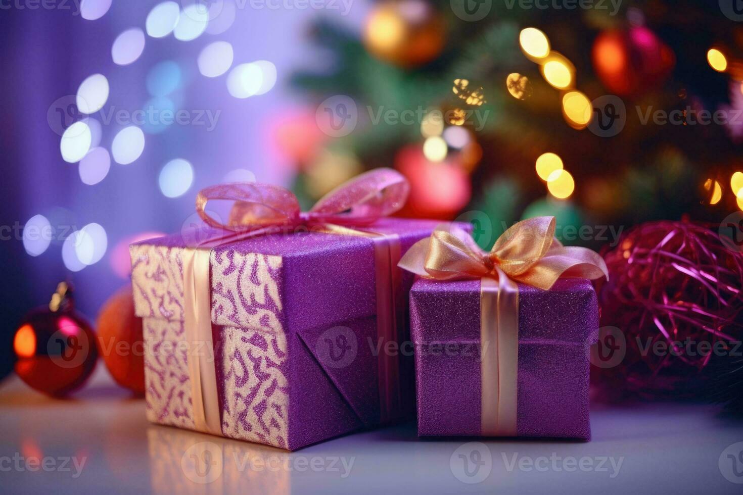 Christmas gift boxes on the background of bokeh garlands. Generative AI photo