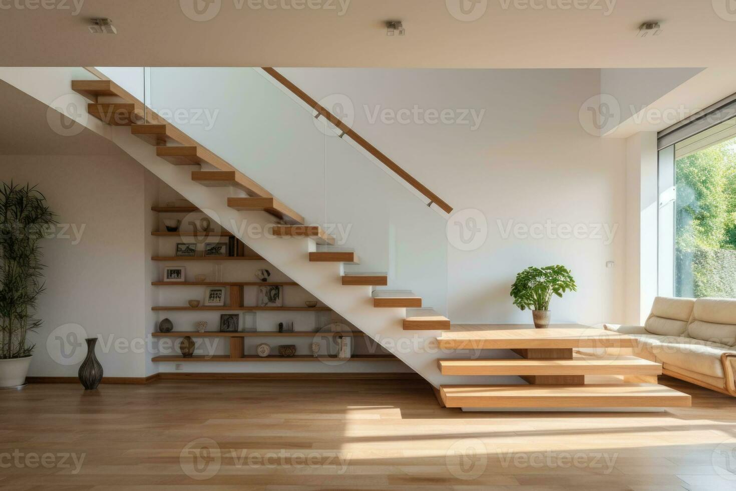 Wooden stairway leading to second floor of modern luxury apartment with minimalist interior design. AI generated photo