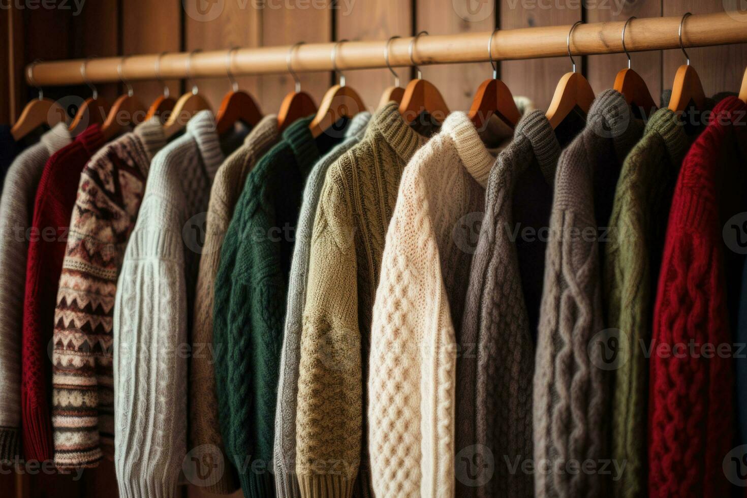 Row of ornate warm knitted sweaters hang on hangers. Generative AI photo
