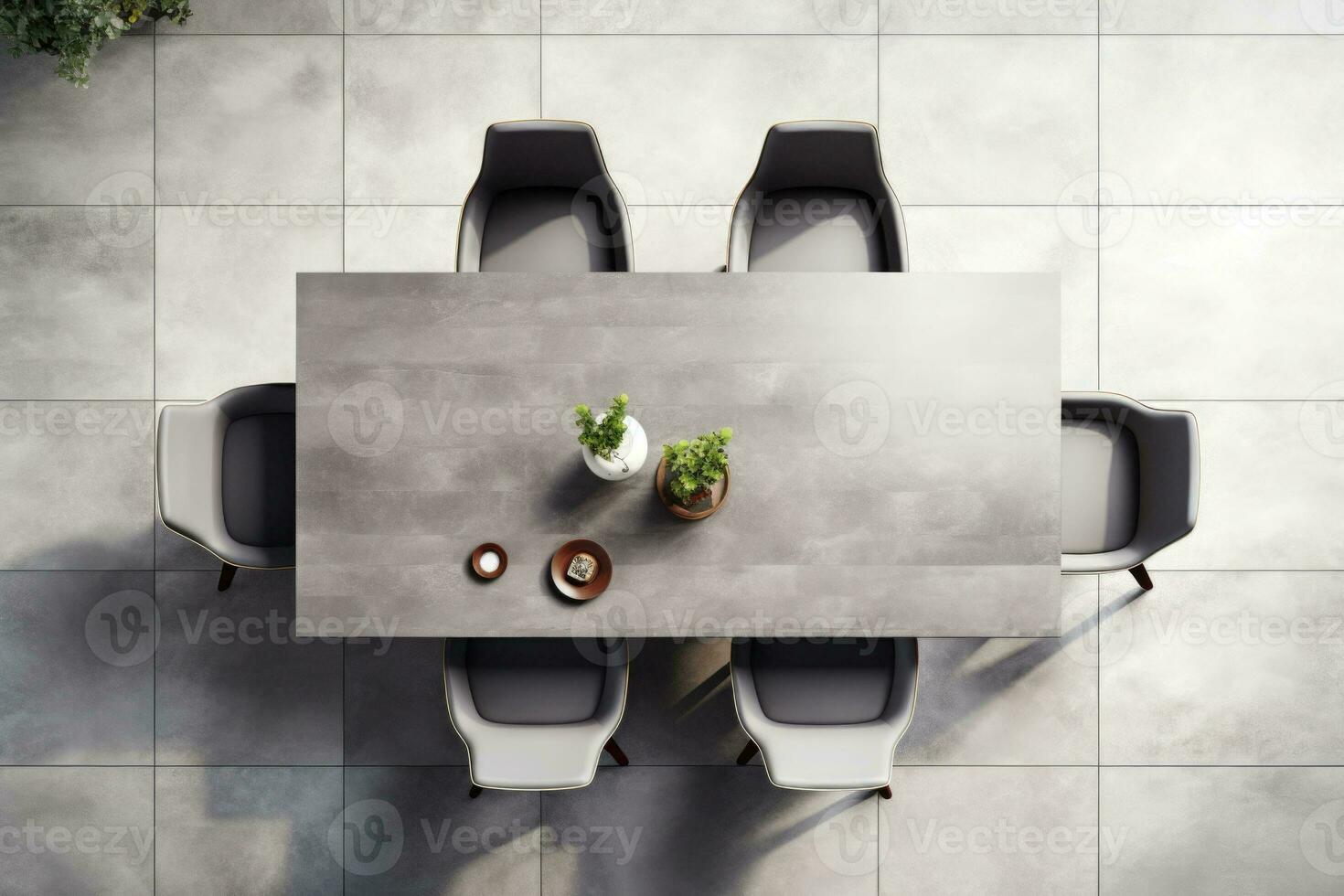 Top view of the dining table with chairs in gray colors. Generative AI