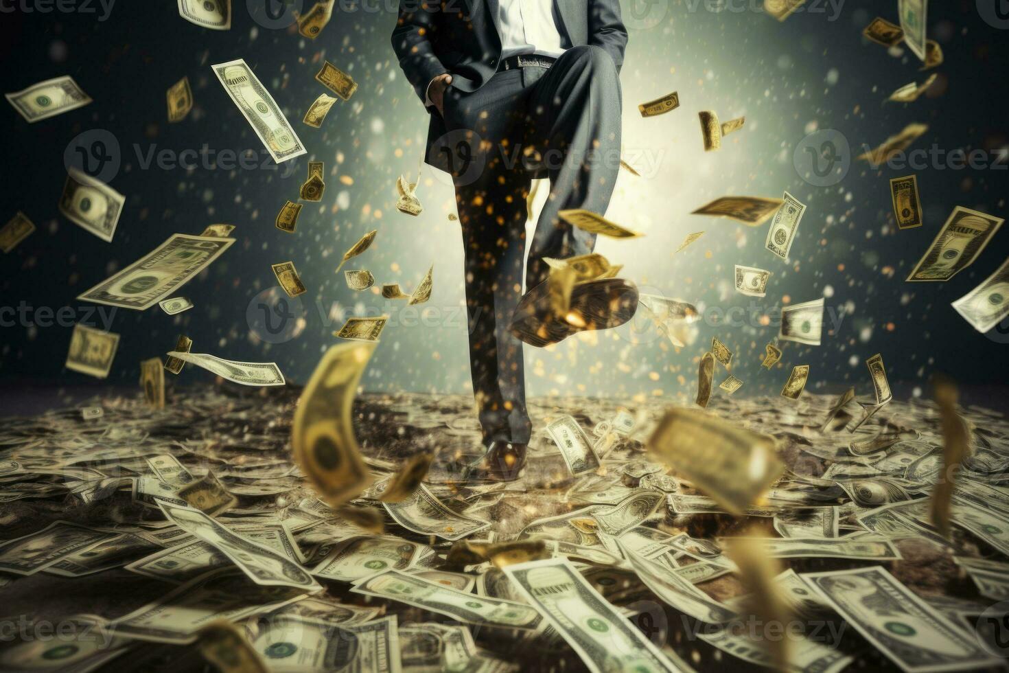 Businessman stepping on money. Financial increase goal, wealth management and investment plan to achieve target. Generative AI photo