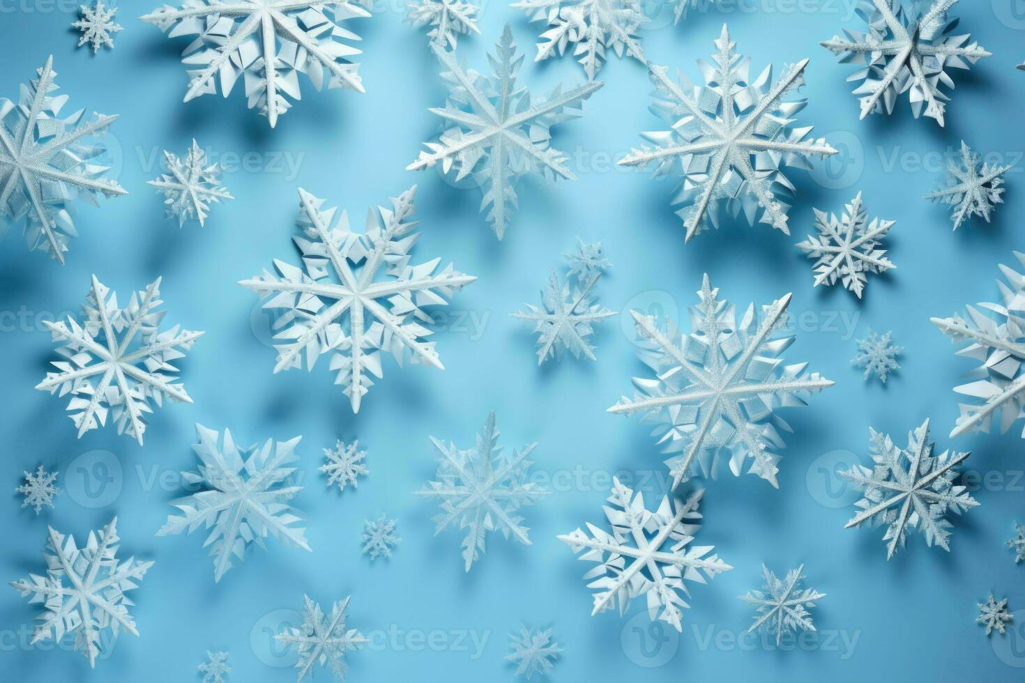 3d snowflakes on the soft blue background. Generative AI illustration photo