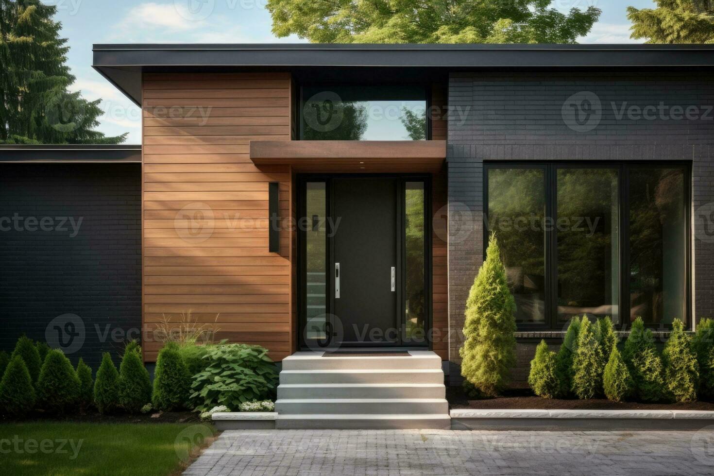Contemporary exterior of home with dark ceramic tiles as siding of house and tall front door. Generative AI photo