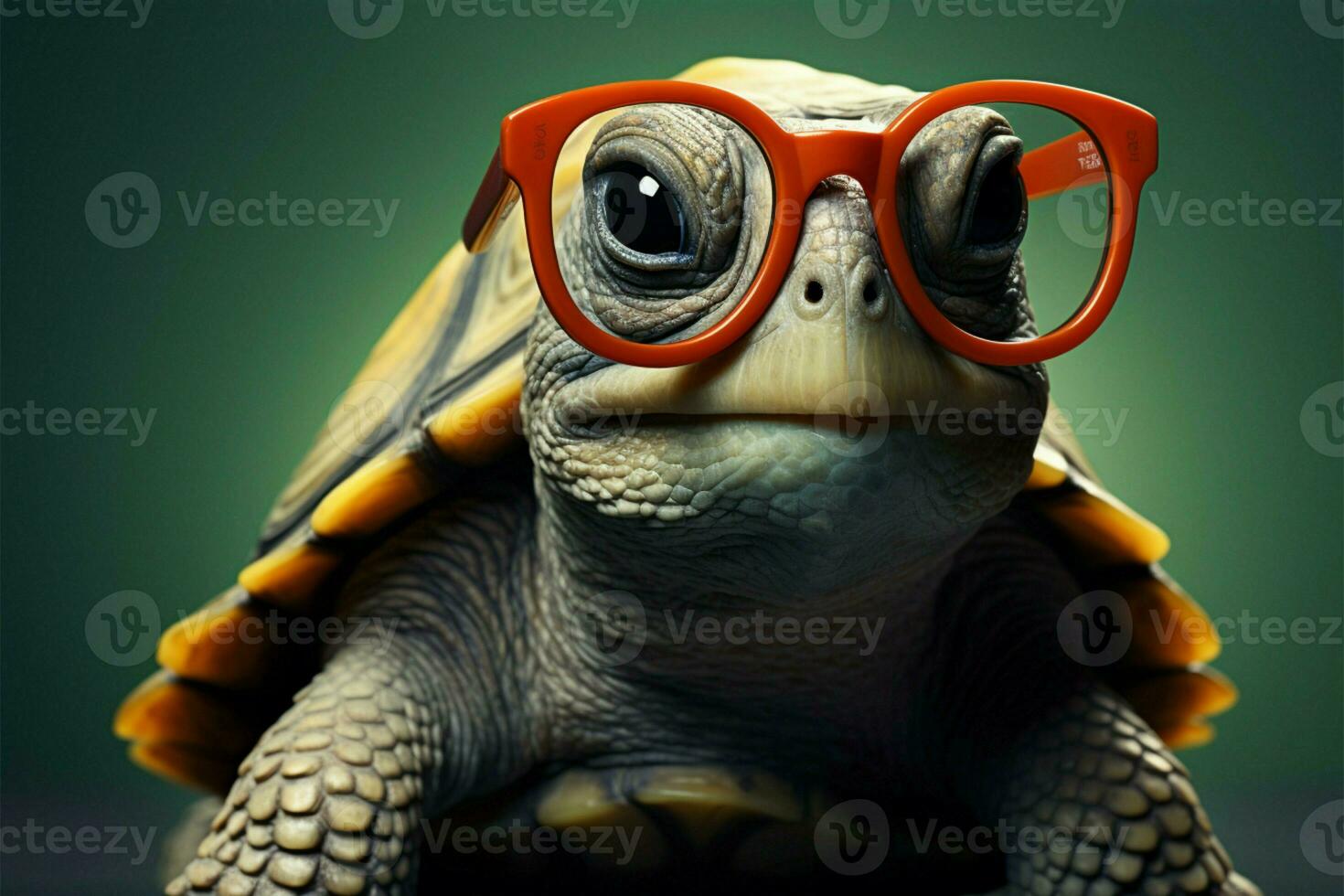 Cute turtle dons glasses, red wallpaper backdrop a smart, funny genius AI Generated photo