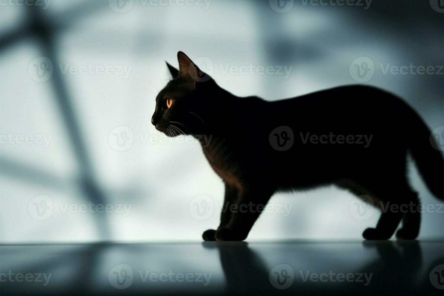 Sleek 3D feline strolls, casting striking shadow upon textured backdrop AI Generated photo