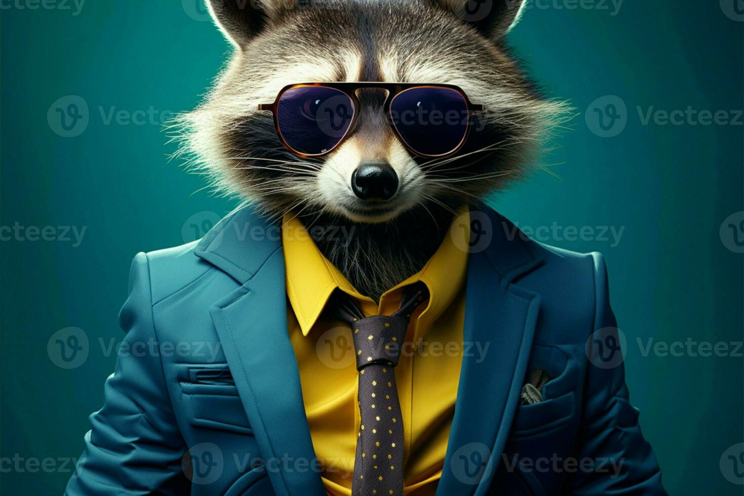 Blue suited raccoon character wears big glasses, oozing vintage hipster flair AI Generated photo