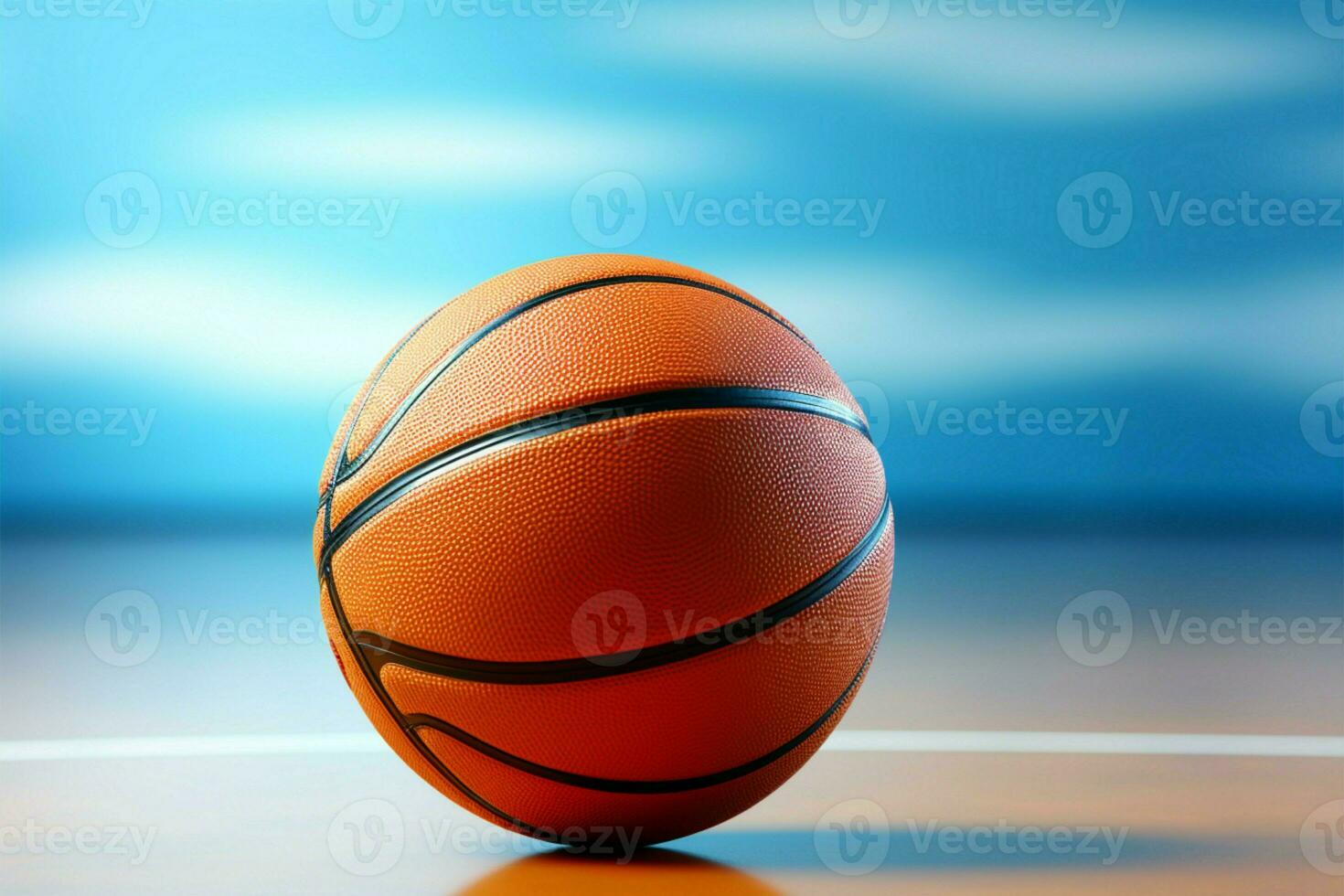 Ball on blue Basketball suspended with open space for custom text or imagery AI Generated photo