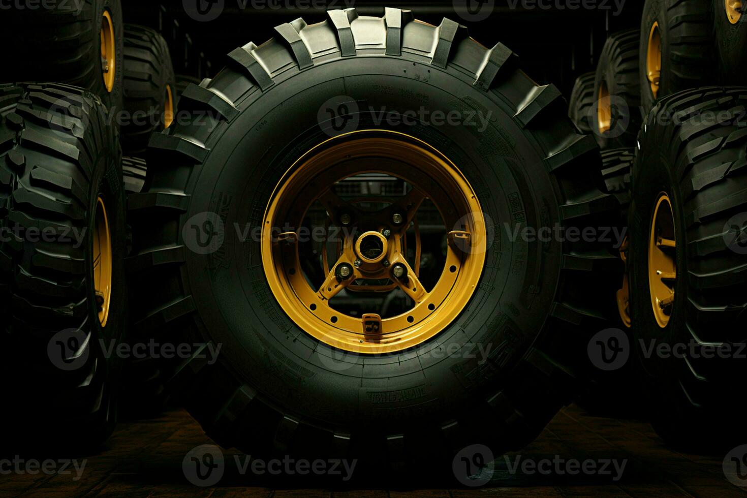 Backdrop of hefty tractor, truck, or harvester tires conveys industrial strength AI Generated photo