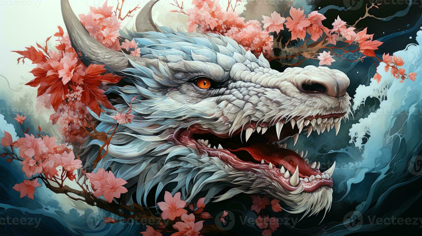 watercolor Fantastical dragon in Japanese style, fantastic character, colorful bright background.ai generative art photo