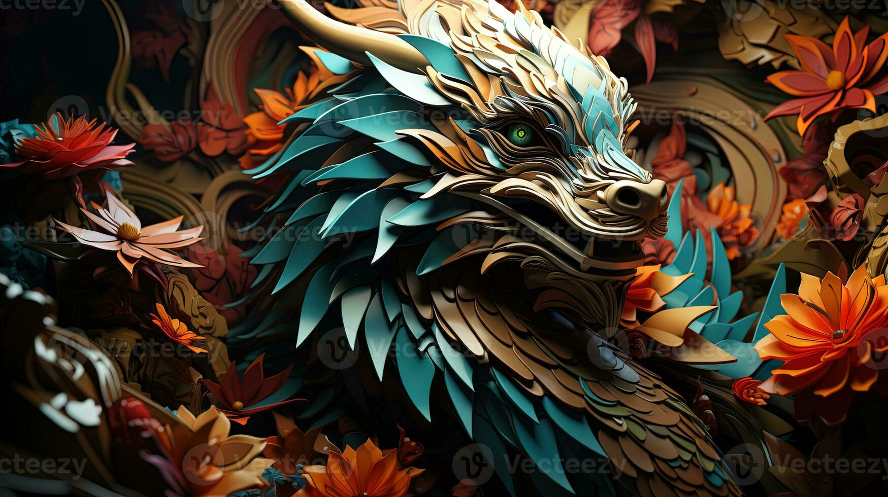 Japanese dragon, in the style of detailed multi-layered compositions, close-up, colorful bright background. ai generative art photo