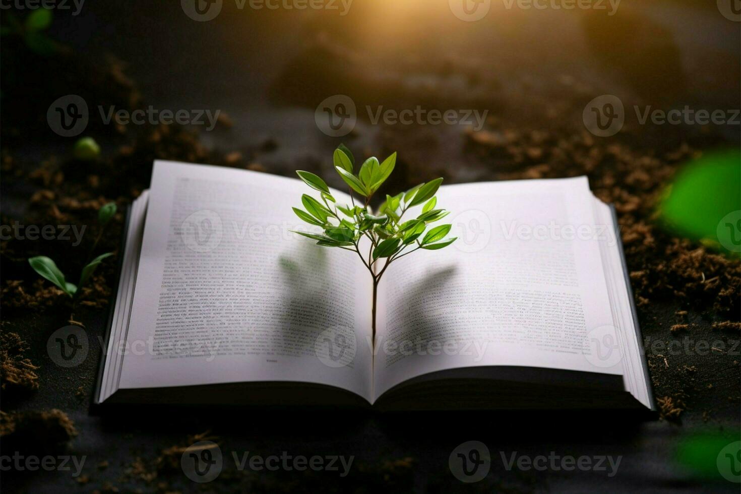 an open book with a plant on top of it AI Generated photo