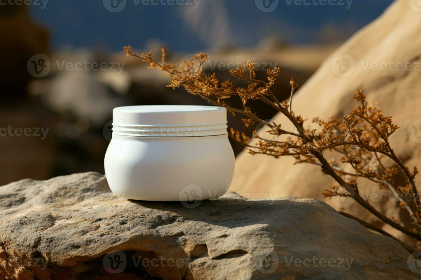 Natures simplicity white jar near a solid, weathered rock AI Generated photo