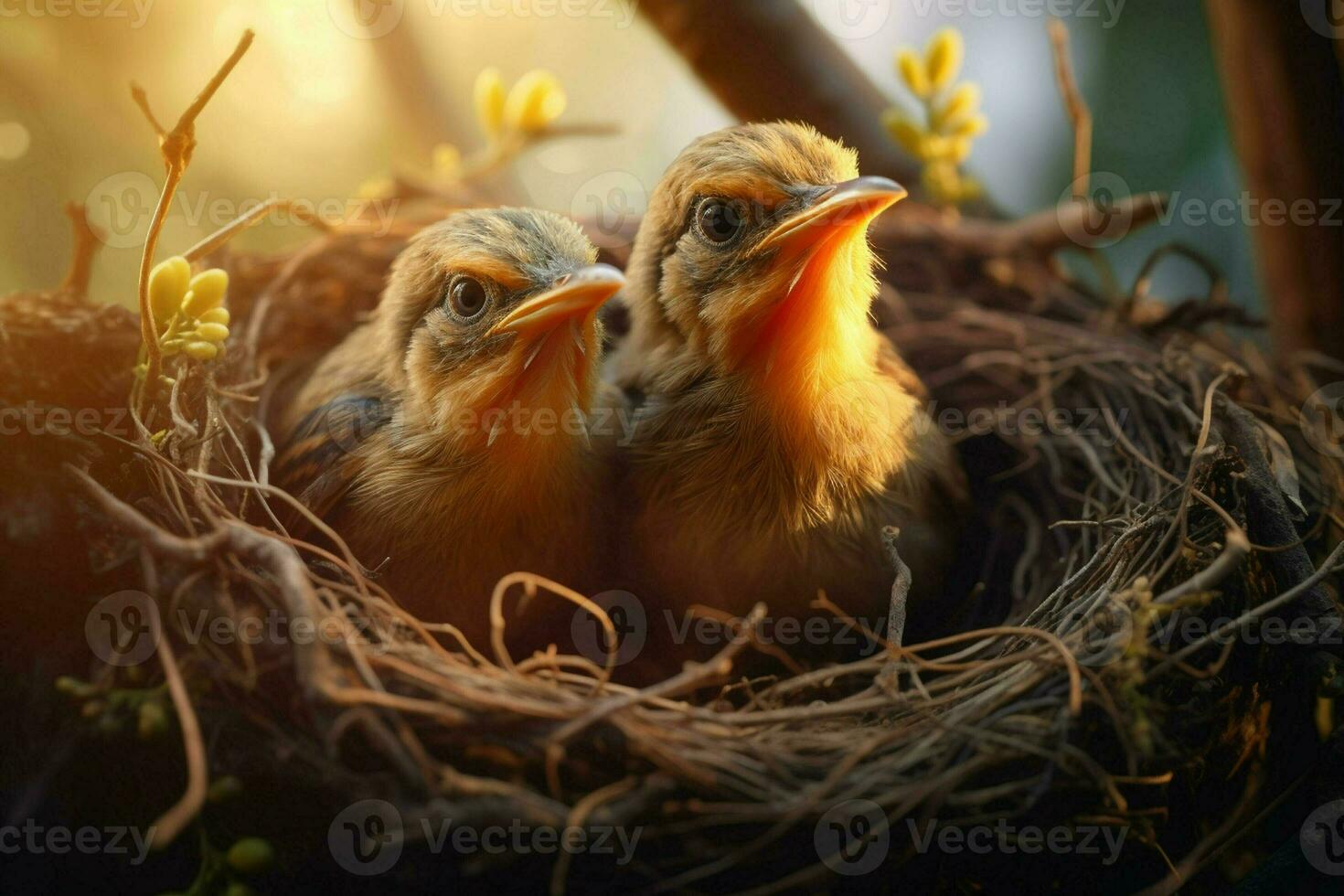 bebé aves en el nido en naturaleza antecedentes. ai generado. Pro imagen foto