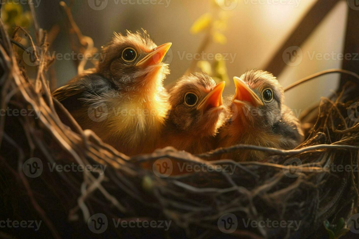 Baby birds in the nest on nature background. ai generated. pro image photo