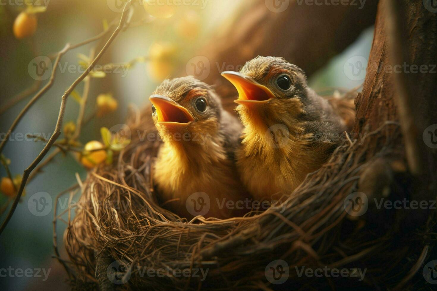 bebé aves en el nido en naturaleza antecedentes. ai generado. Pro imagen foto