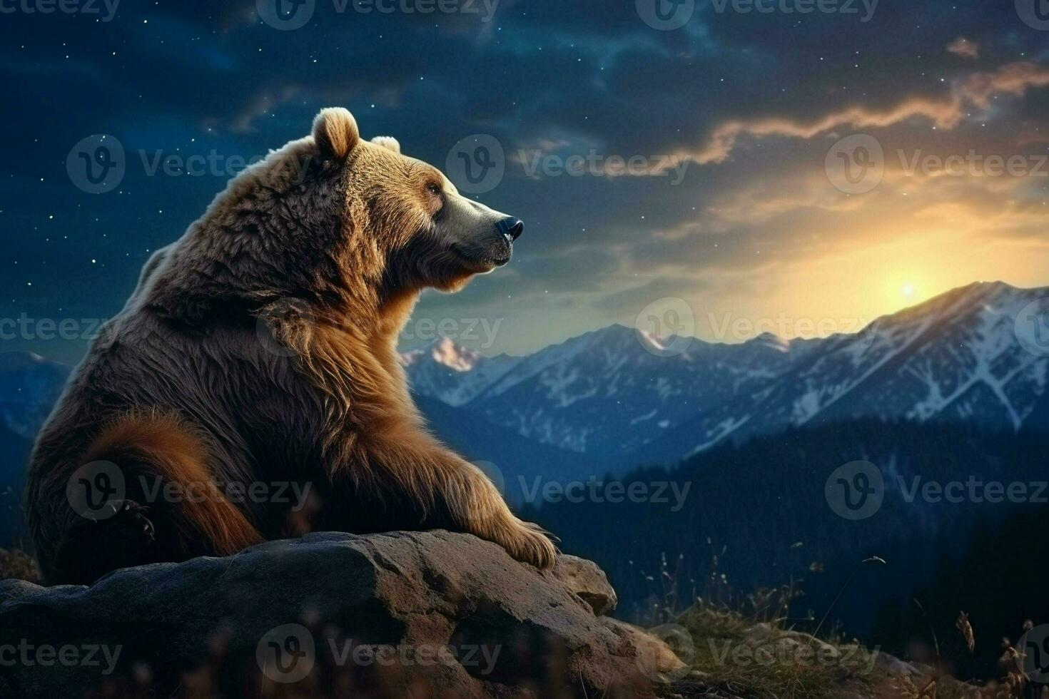 A bear is sitting on the top of a mountain. ai generated pro photo
