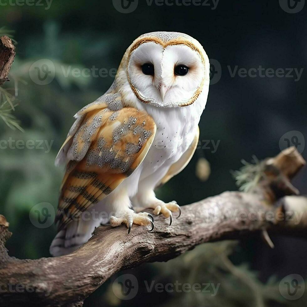 Beautiful owl sitting on a tree branch in the autumn forest. ai generated pro photo