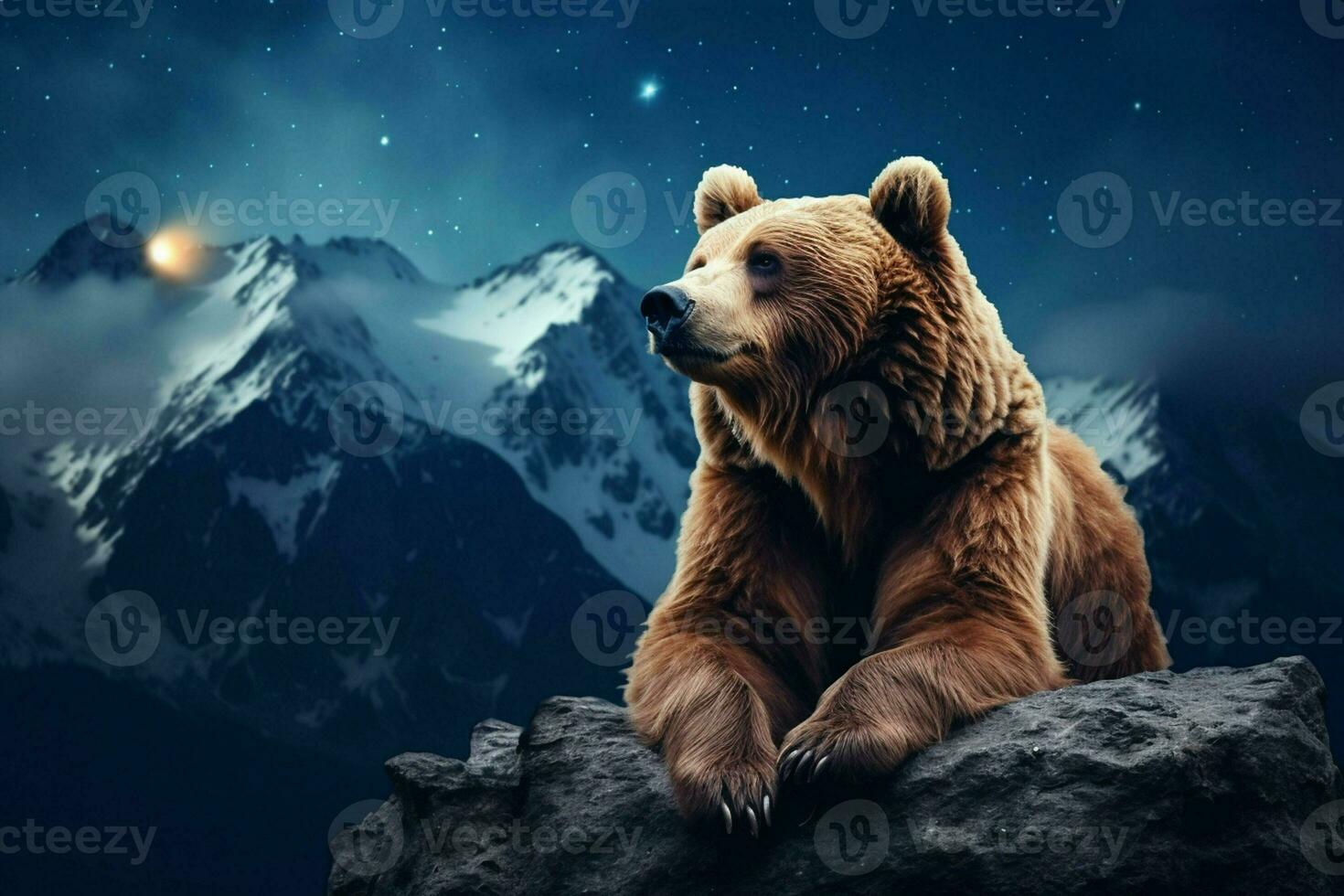A bear is sitting on the top of a mountain. ai generated pro photo