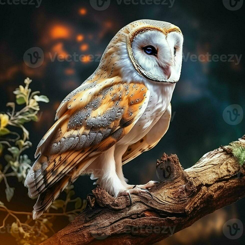 Beautiful owl sitting on a tree branch in the autumn forest. ai generated pro photo