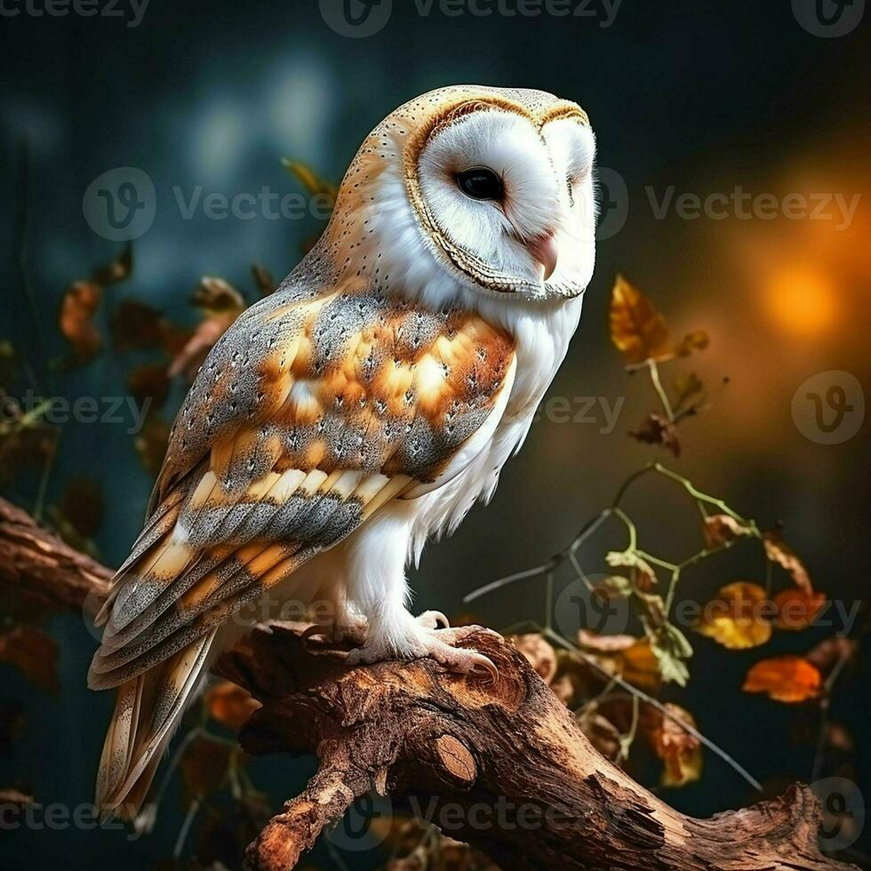 Beautiful owl sitting on a tree branch in the autumn forest. ai generated pro photo
