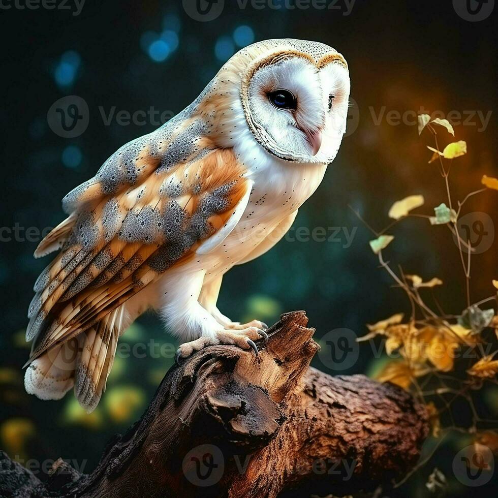 Beautiful owl sitting on a tree branch in the autumn forest. ai generated pro photo