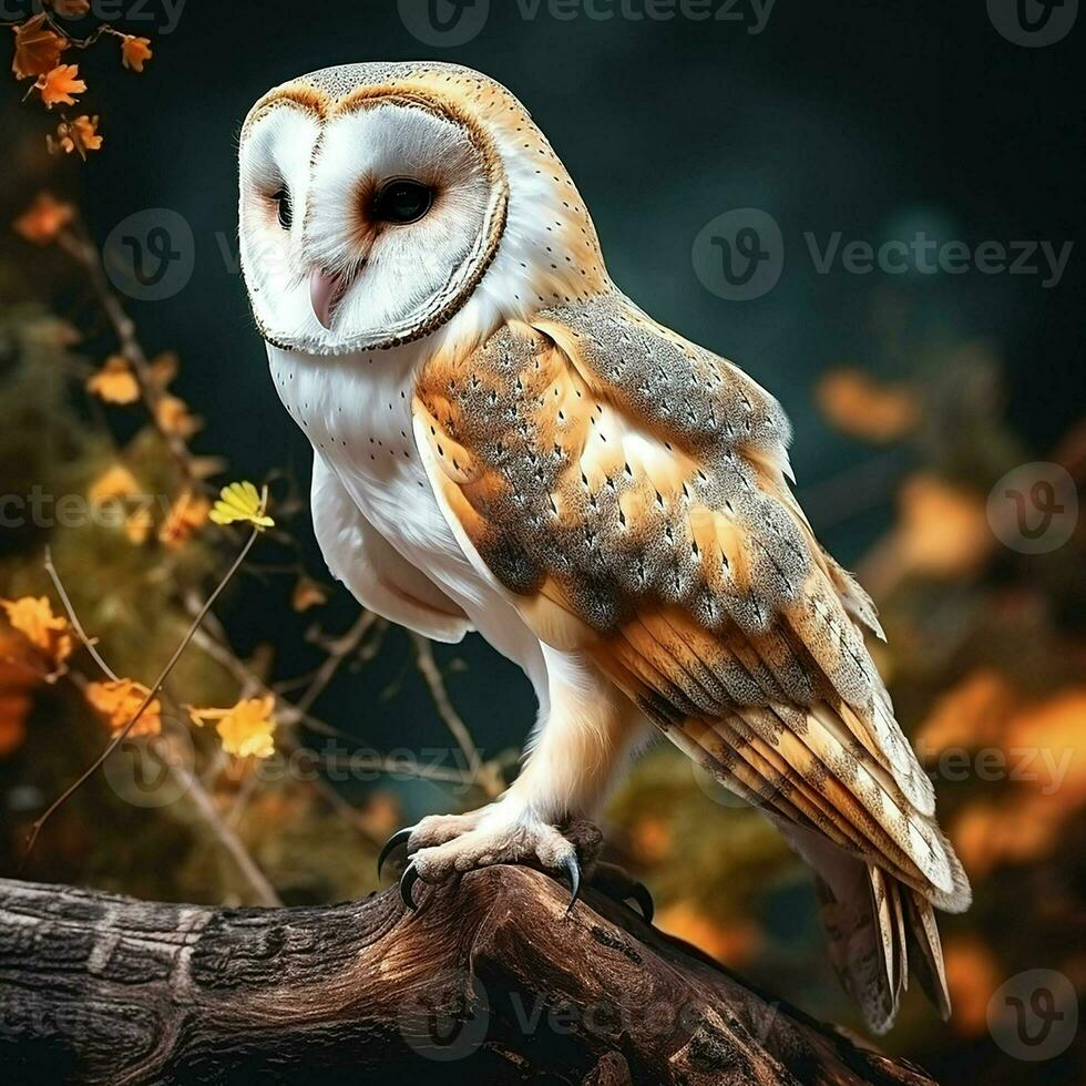 Beautiful owl sitting on a tree branch in the autumn forest. ai generated pro photo