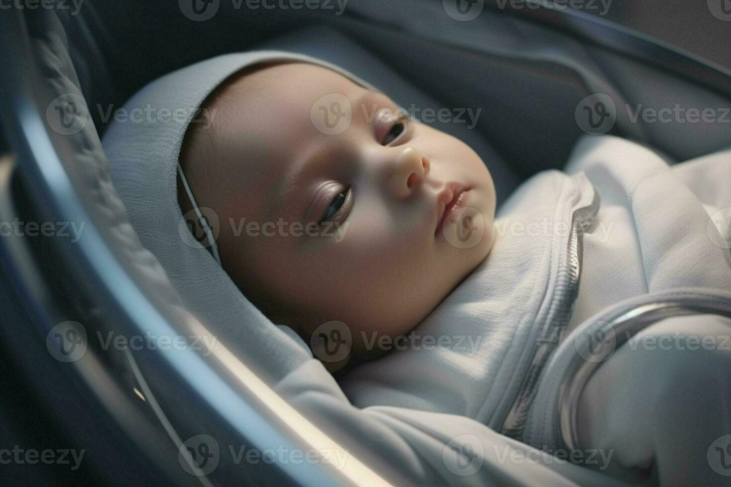 Cute little baby sleeping in a baby car seat at home. AI generated pro photo