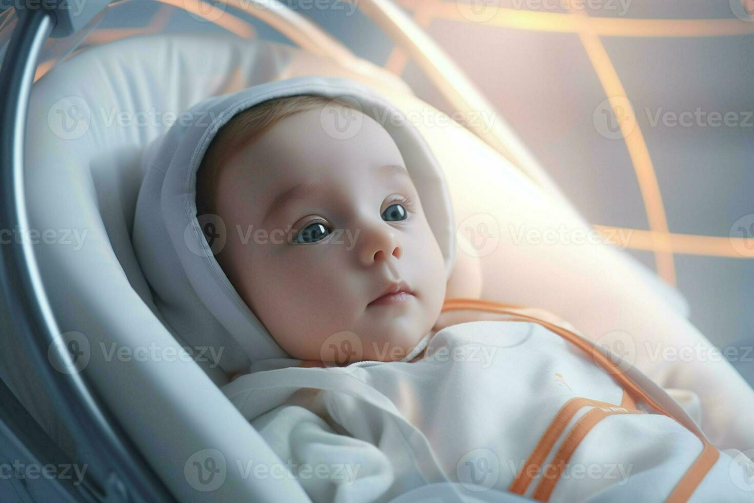 Cute little baby boy sitting in hospital bed, close-up. AI generated pro photo