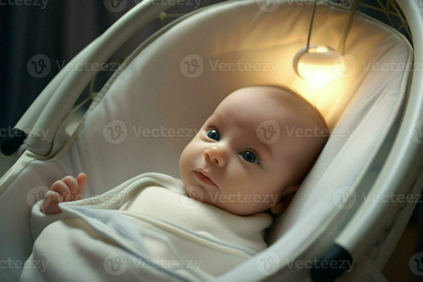 Cute little baby boy sitting in hospital bed, close-up. AI generated pro photo