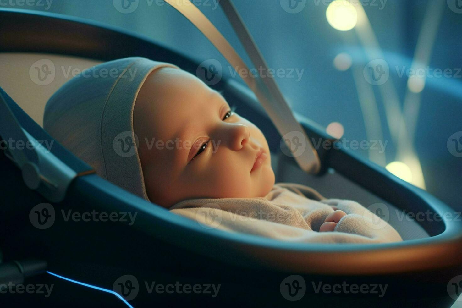 Cute little baby sleeping in a baby car seat at home. AI generated pro photo