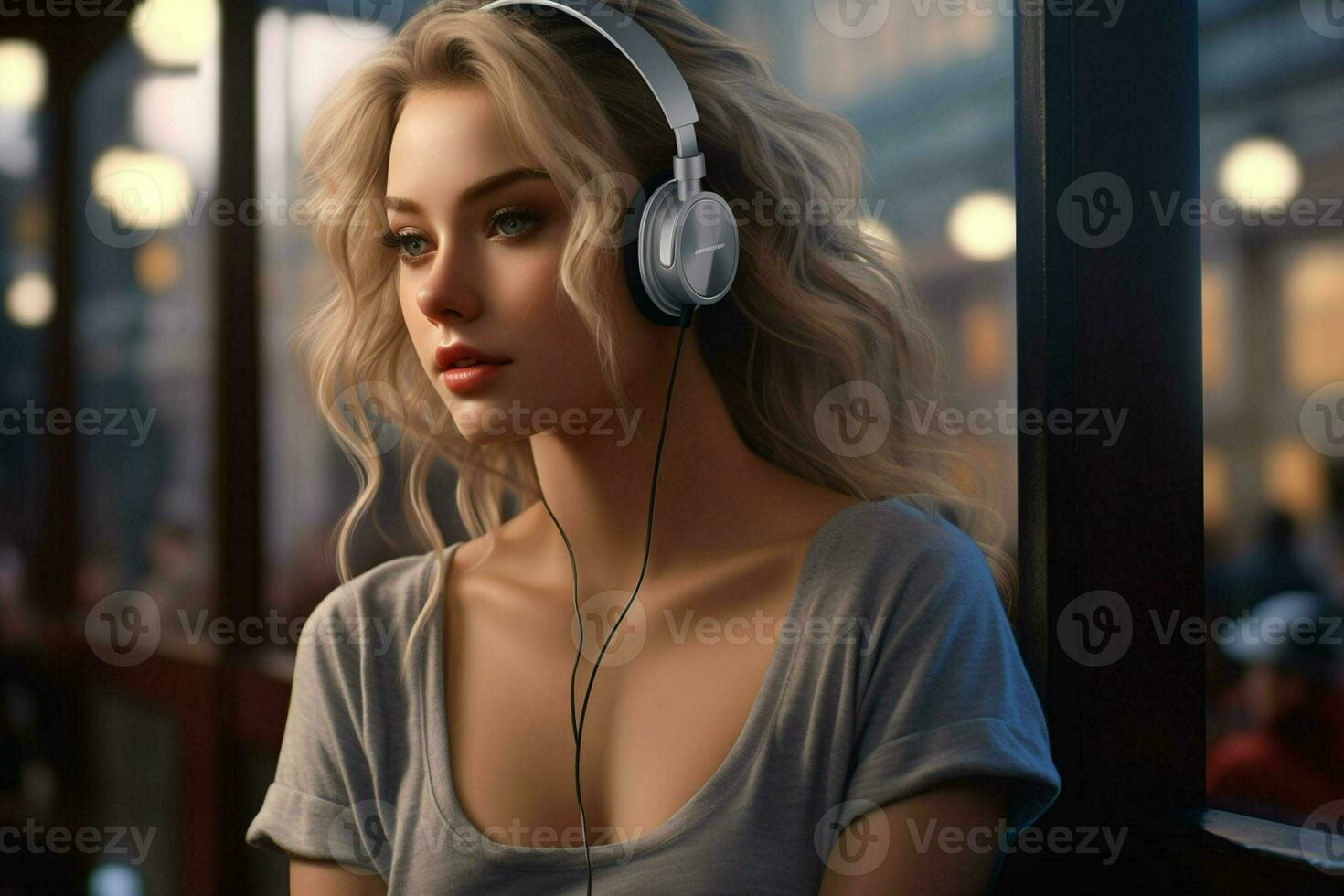 hermosa joven mujer con auriculares escuchando a música. retrato de un hermosa rubia niña en auriculares. ai generado Pro foto