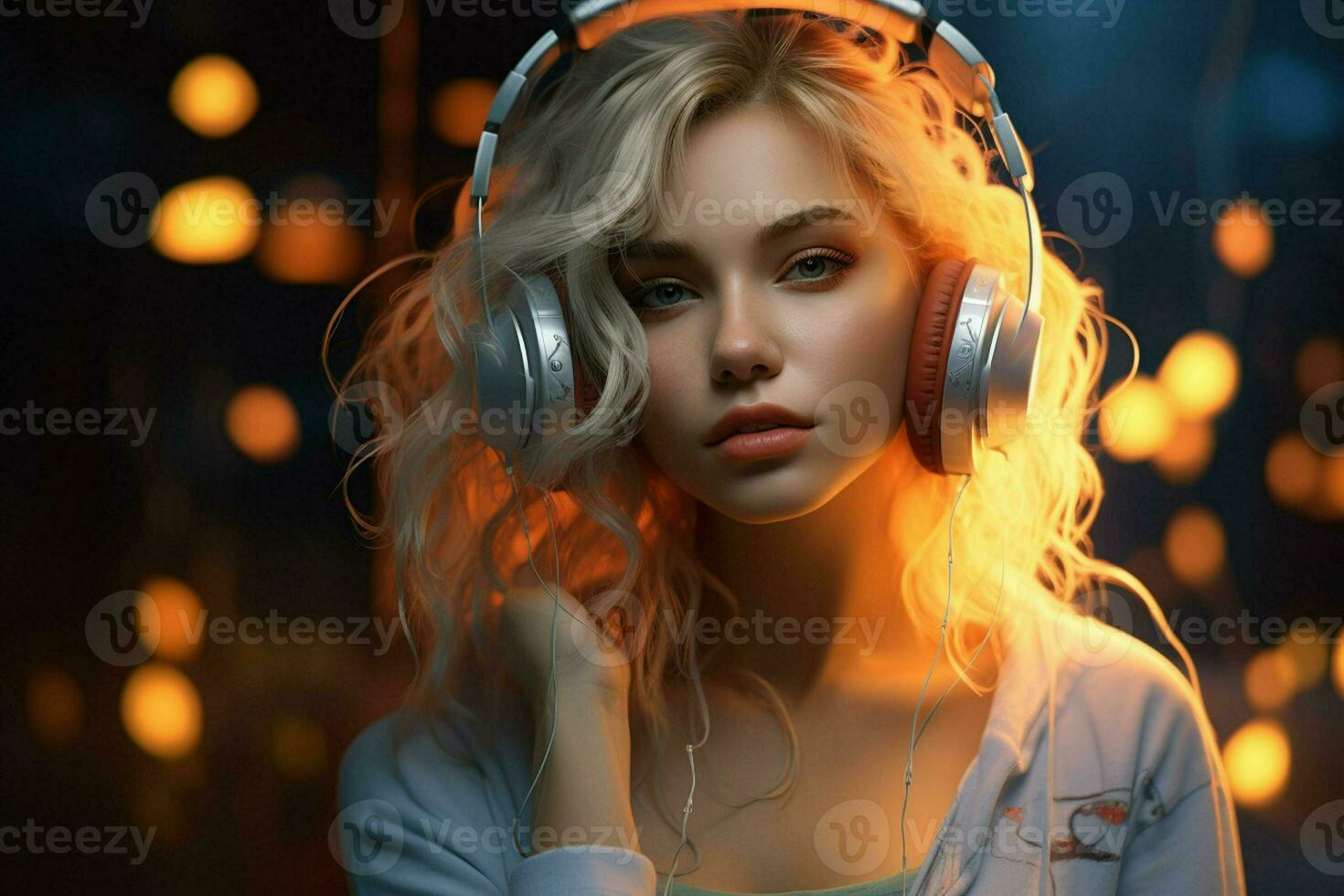 Beautiful young woman with headphones listening to music. Portrait of a beautiful blonde girl in headphones. AI generated pro photo