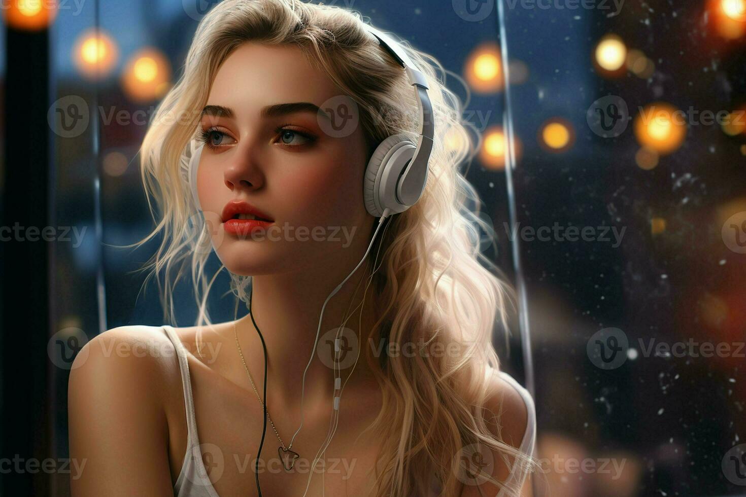 Beautiful young woman with headphones listening to music. Portrait of a beautiful blonde girl in headphones. AI generated pro photo