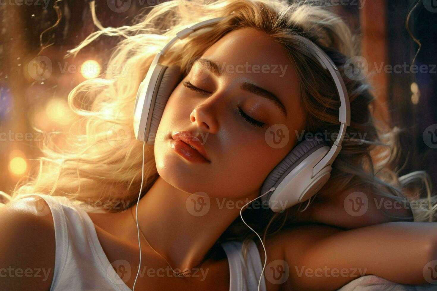 Beautiful young woman with headphones listening to music. Portrait of a beautiful blonde girl in headphones. AI generated pro photo