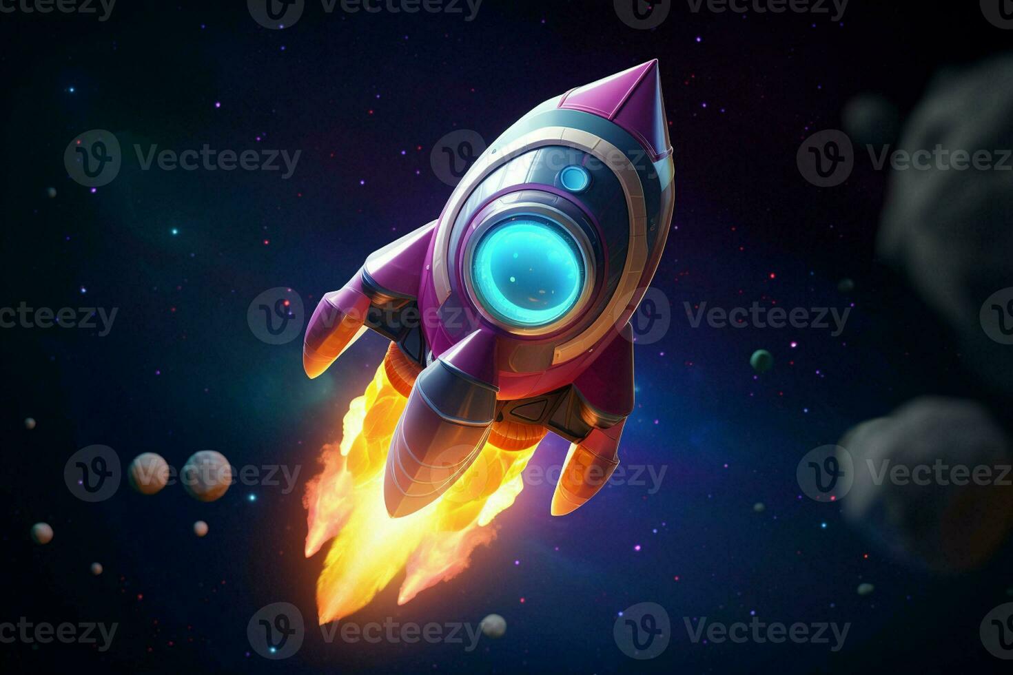 Rocket flying in the blue sky. Vector illustration. Space concept. AI generated pro photo