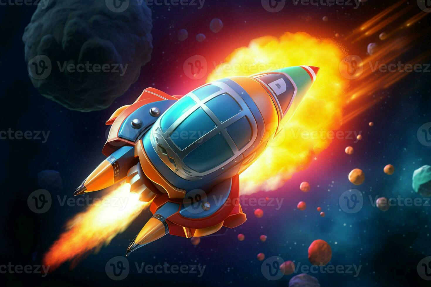 Rocket flying in the blue sky. Vector illustration. Space concept. ai generated pro photo