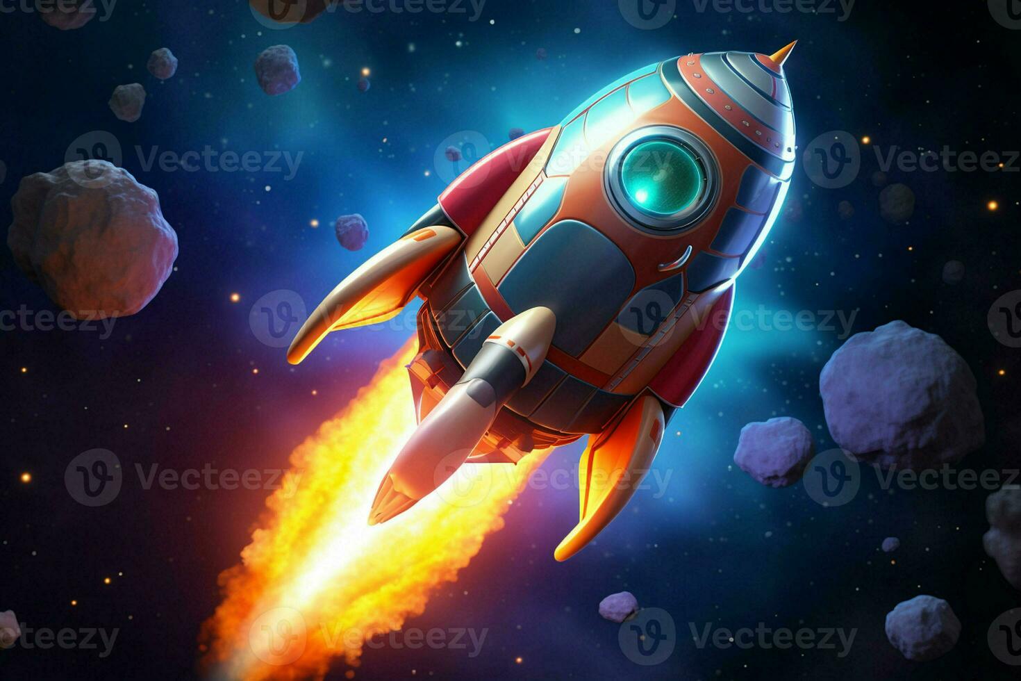 Rocket flying in the blue sky. Vector illustration. Space concept. ai generated pro photo