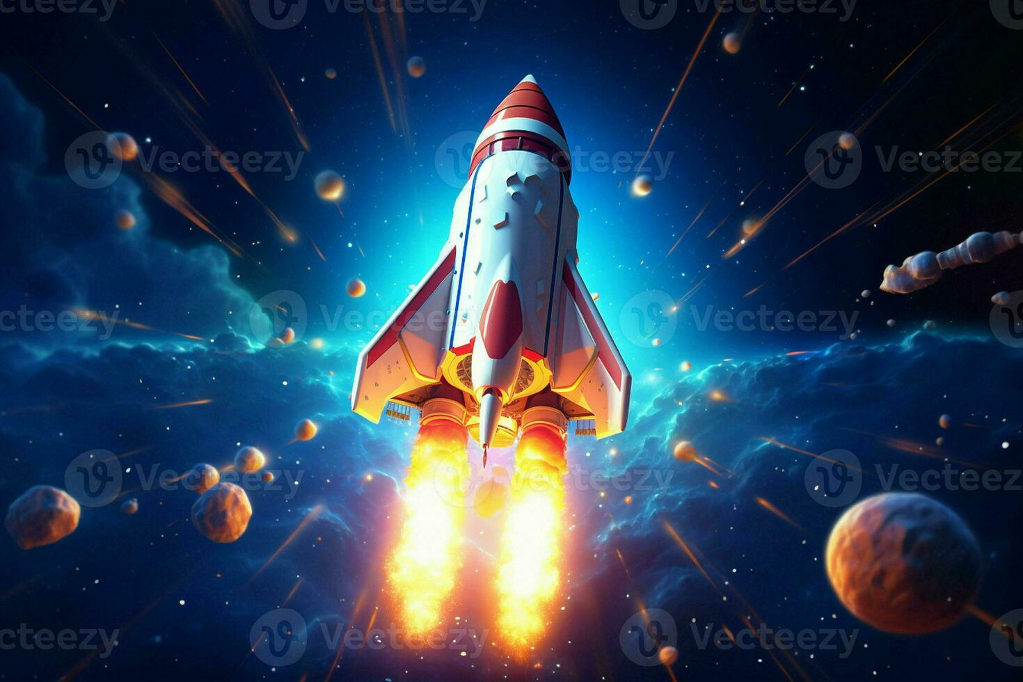 Rocket flying in the blue sky. Vector illustration. Space concept. ai generated pro photo