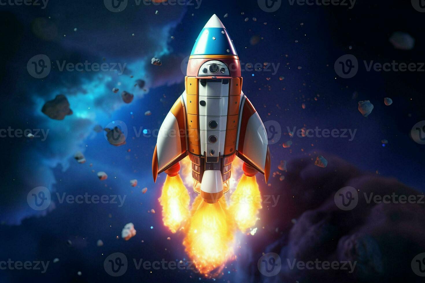 Rocket flying in the blue sky. Vector illustration. Space concept. ai generated pro photo