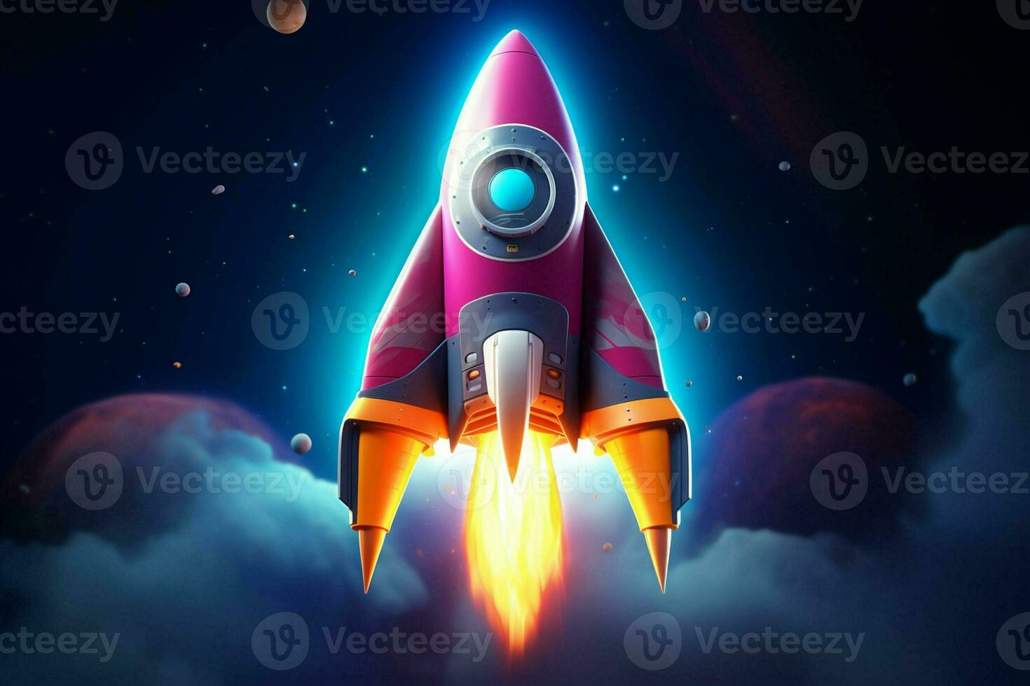 Rocket flying in the blue sky. Vector illustration. Space concept. ai generated pro photo