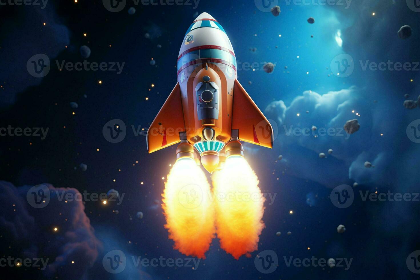 Rocket flying in the blue sky. Vector illustration. Space concept. ai generated pro photo